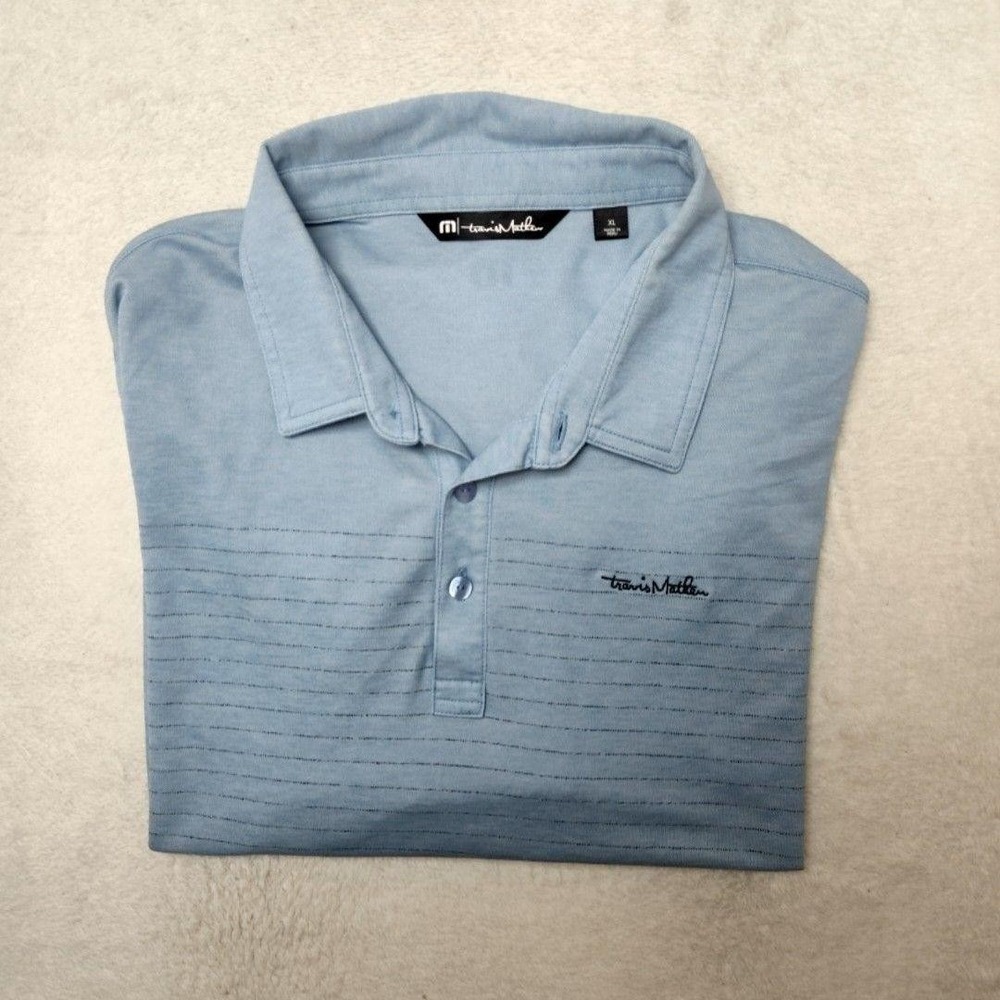 Travis Mathew Polo‎ Shirt Mens XL Blue Striped Golf Performance Cotton Polyester